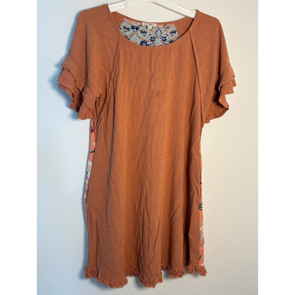 Umgee Rust Orange Short Sleeve Mini Dress with Floral Side Panels
